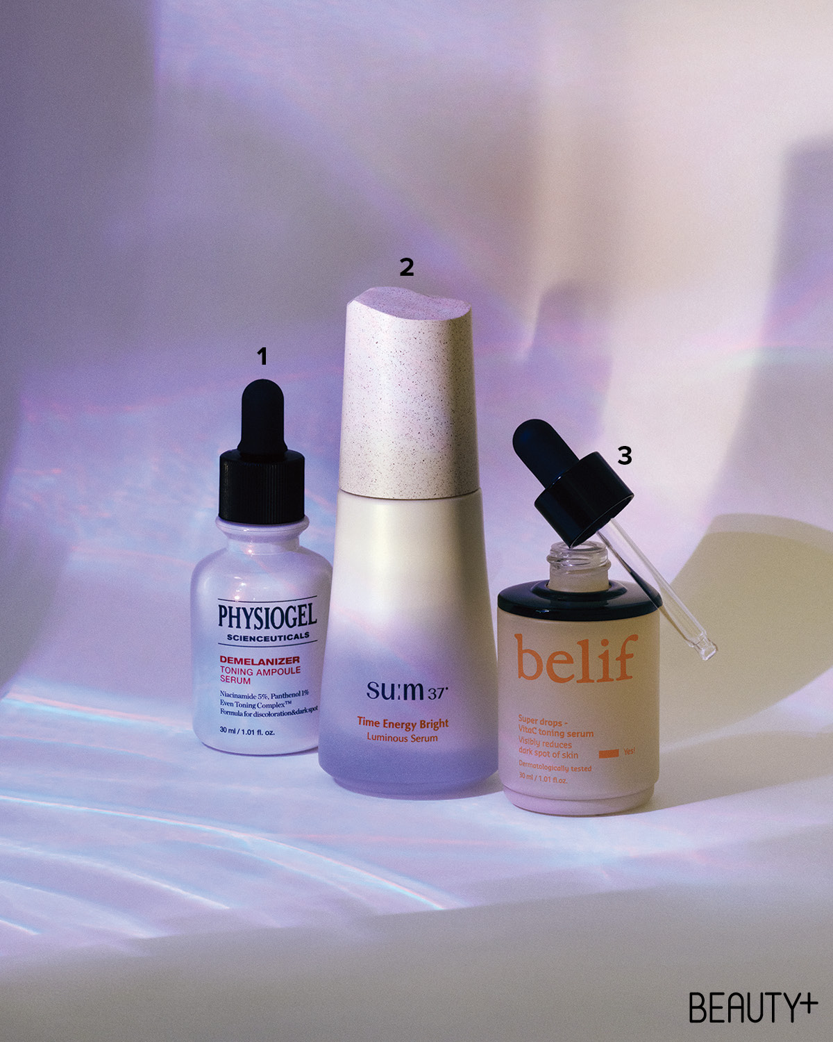 피지오겔 사이언수티컬즈 디멜라나이저 토닝 앰플 세럼, 숨37° 타임 에너지 브라이트 루미너스 세럼, 빌리프 슈퍼 드랍스 비타 C 토닝 세럼