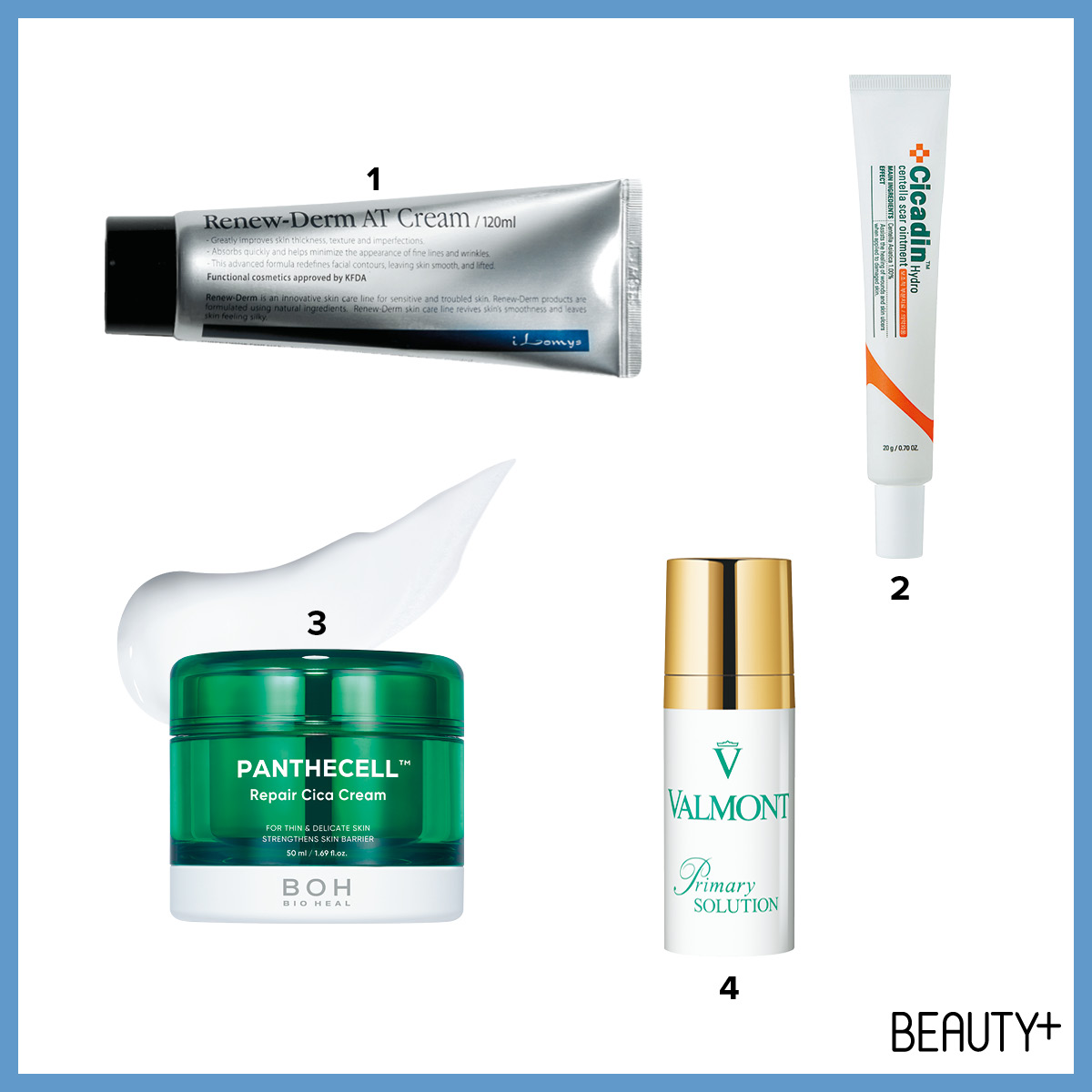 이로미스 코스메틱 리뉴-덤 AT 크림, 미샤 시카딘 센텔라스카 연고, 바이오힐보 판테셀™ 리페어시카 크림, 발몽 프라이머리 솔루션