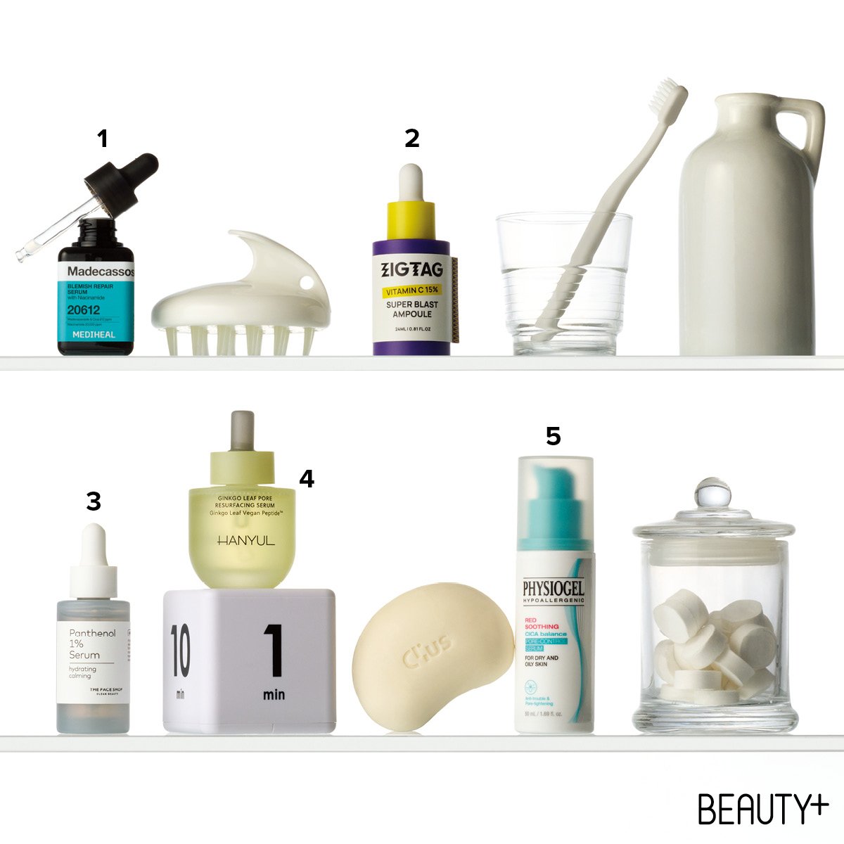 메디힐 마데카소사이드 흔적 리페어 세럼, 지그태그 비타민 C 15% 슈퍼 블라스트 앰플, 더페이스샵 올티밋 판테놀 1% 세럼, 한율 보들은행잎 모공핏 세럼, 피지오겔 레드 수딩 시카밸런스 포어 컨트롤 세럼