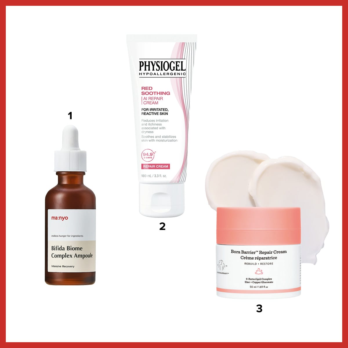 마녀공장 비피다 바이옴 콤플렉스 앰플, 피지오겔 레드 수딩 AI 리페어 크림, 드렁크엘리펀트 보라 베리어 리페어 크림