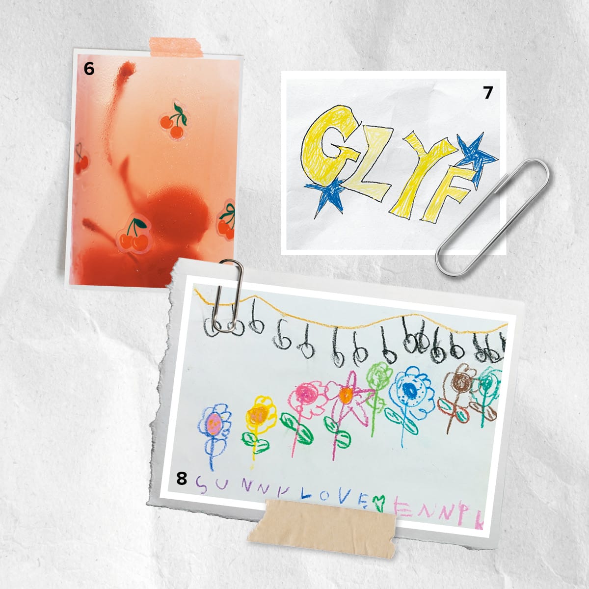6 체리 모양의 피플패치. 7 전소미 파운더의 개성을 담아 디벨롭한 스케치 디자인. 8 글맆 세계관에 영감을 준 어릴 적 그린 그만의 glyph.