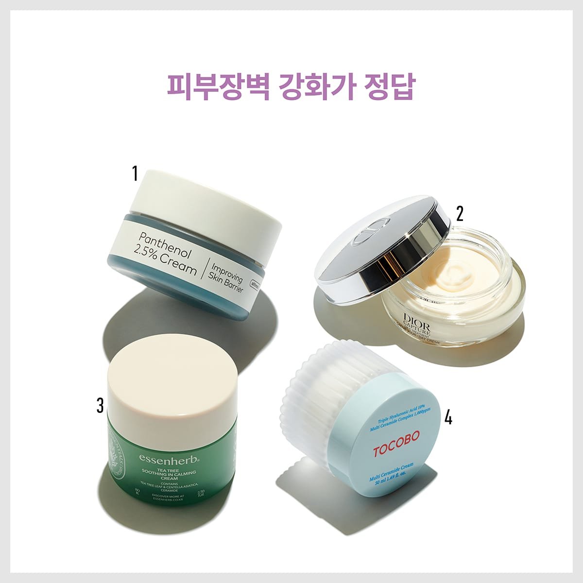 더페이스샵 올티밋 판테놀 2.5% 크림, 디올 캡춰 크렘므 주르, 에센허브 티트리 수딩 인 카밍 크림, 토코보 멀티 세라마이드 크림