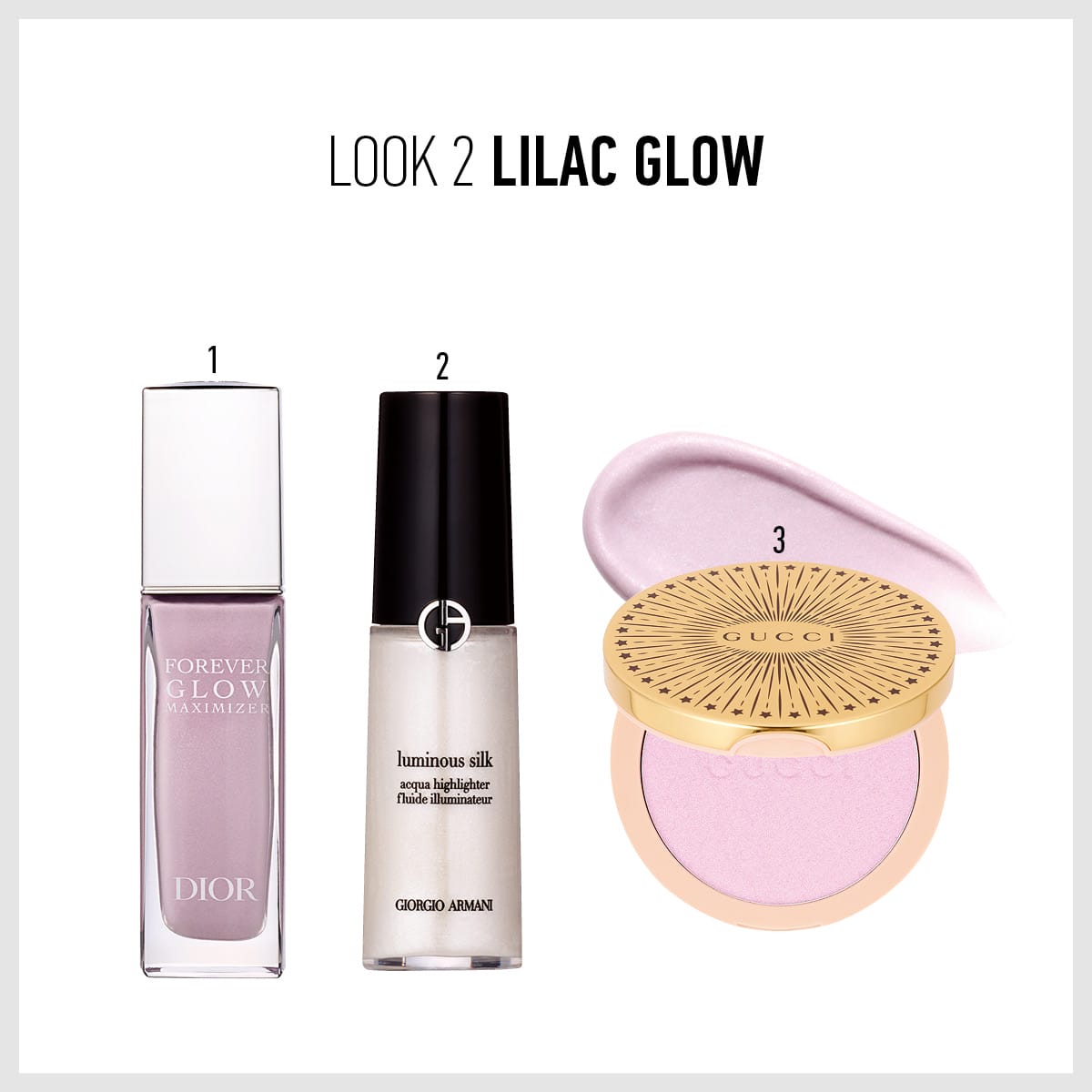 디올 뷰티 디올 포에버 글로우 맥시마이저 – 글로우매니아 리미티드 에디션 #010 라일락, 아르마니 뷰티 루미너스 실크 아쿠아 하이라이터 1호 할로, 구찌 뷰티 글로우 하이라이터 02 프로스티드 라일락