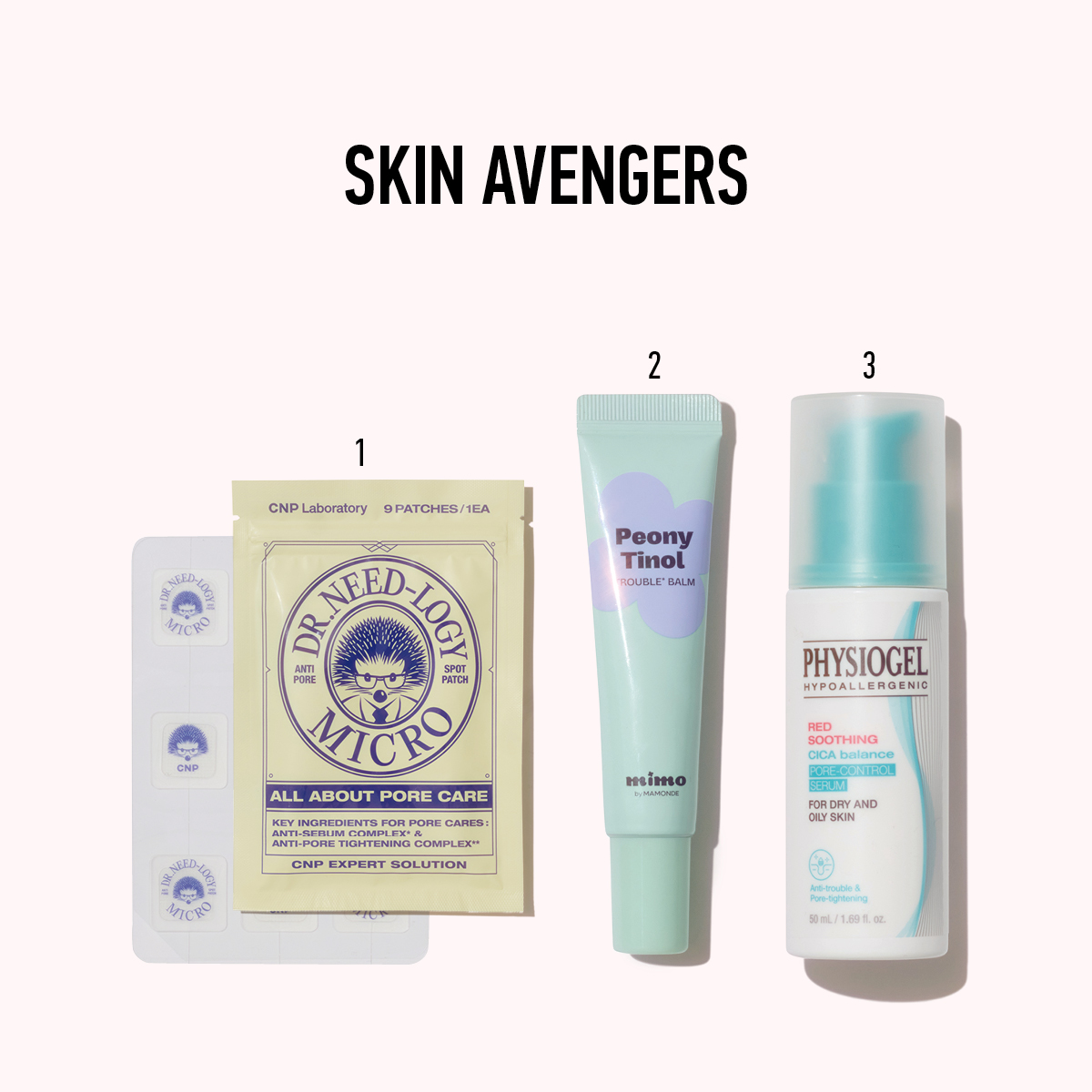 CNP 닥터니드로지 안티포어 마이크로 스팟 패치, 미모 바이 마몽드 피어니-티놀 트러블 밤, 피지오겔 레드 수딩 시카밸런스 포어컨트롤 세럼