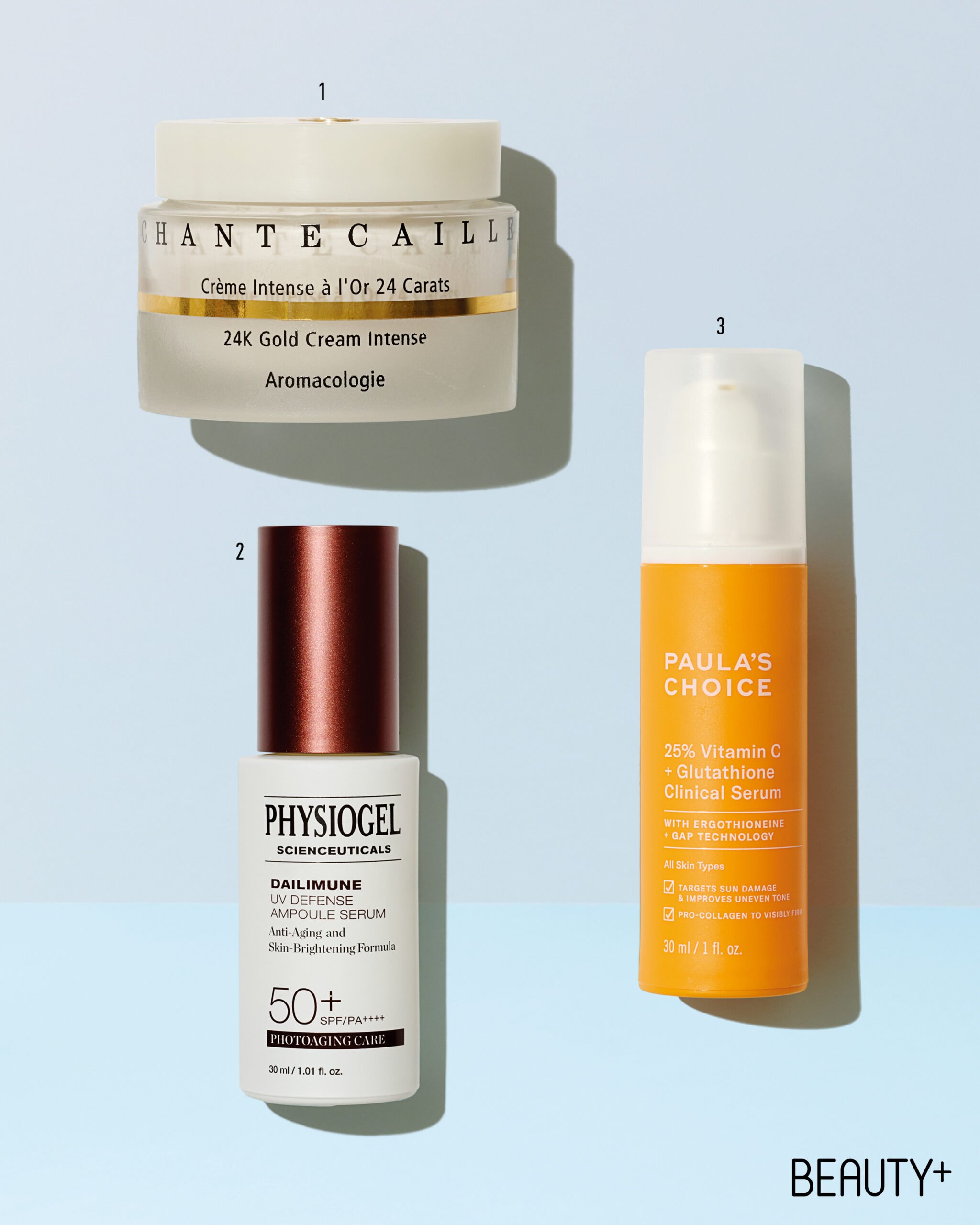 샹테카이 24K 골드 크림 인텐스, 피지오겔 사이언수티컬즈 데일리뮨 UV 디펜스 앰플 세럼, 폴라초이스 25% 비타민 C + 글루타치온 항산화 세럼