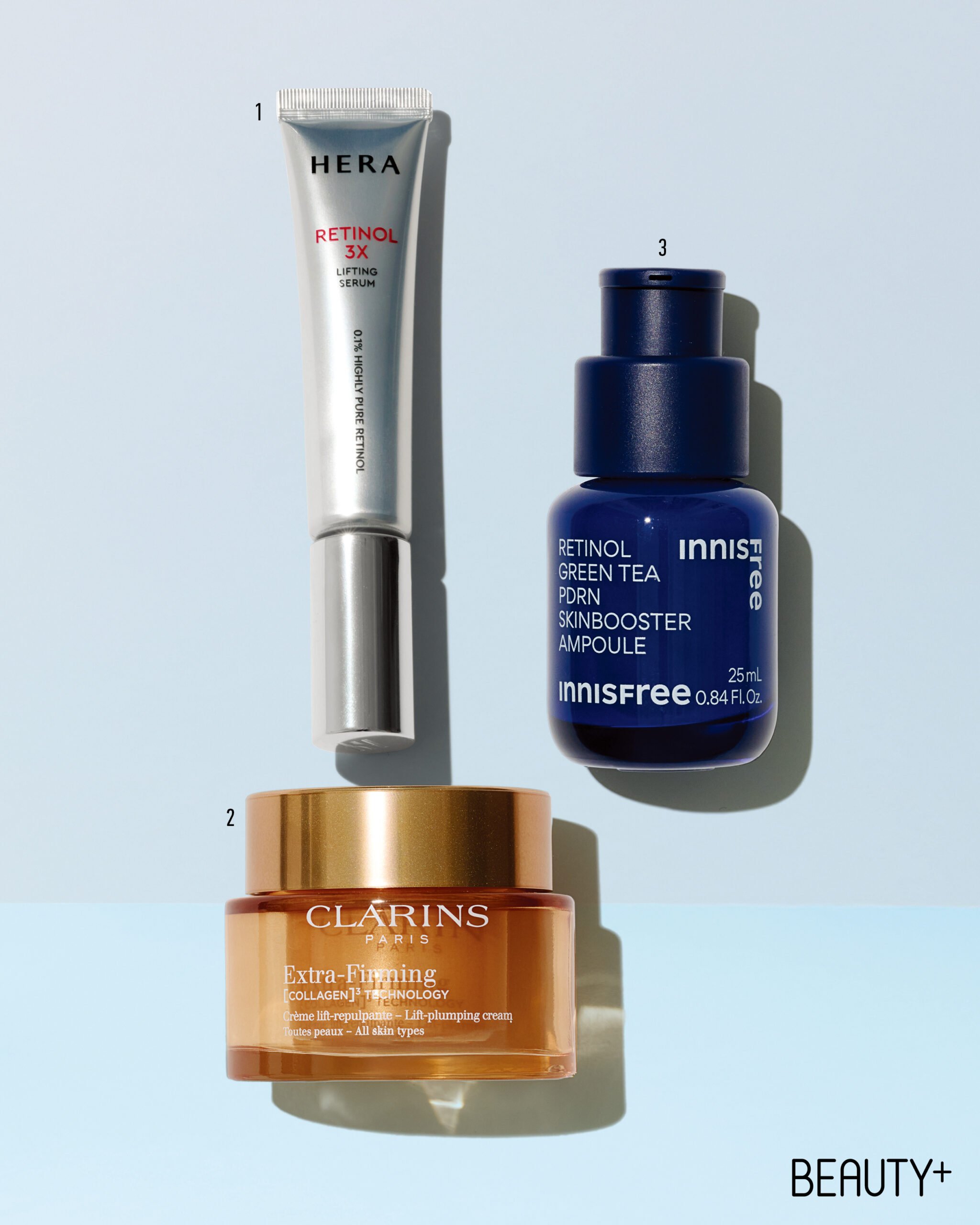 헤라 레티놀 3X 리프팅 세럼, 클라랑스 엑스트라 퍼밍 크림, 이니스프리 레티놀 그린티 PDRN 스킨부스터 앰플