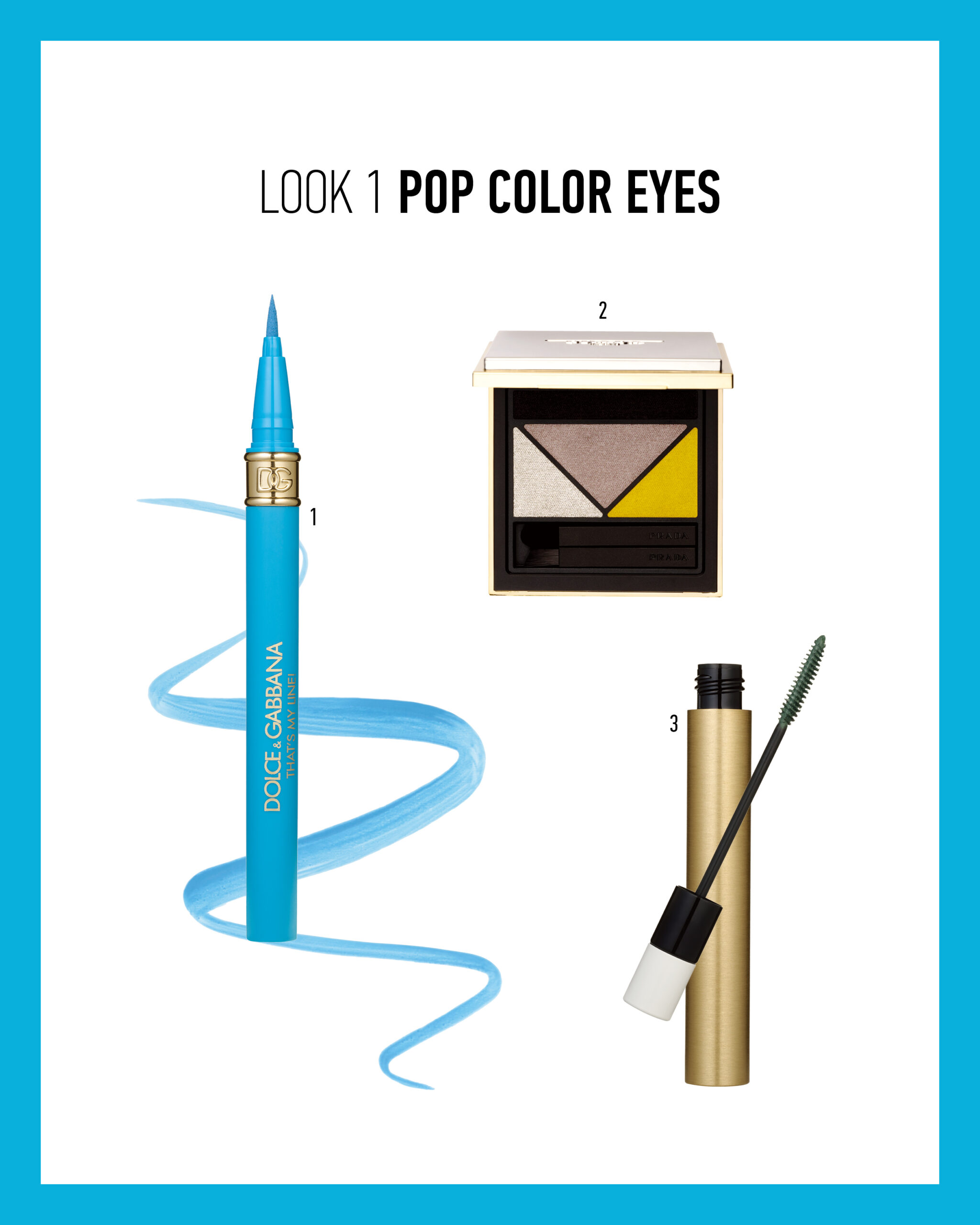 프라다 뷰티 디멘션 아이섀도우 #02 프로퓨전, 에르메스 트레 데르메스 리바이탈라이징 케어 마스카라 래쉬 투 래쉬 볼륨 #05 베르 티티앵, 돌체앤가바나 댓츠 마이 라인 아이라이너 #05 갓 투 고