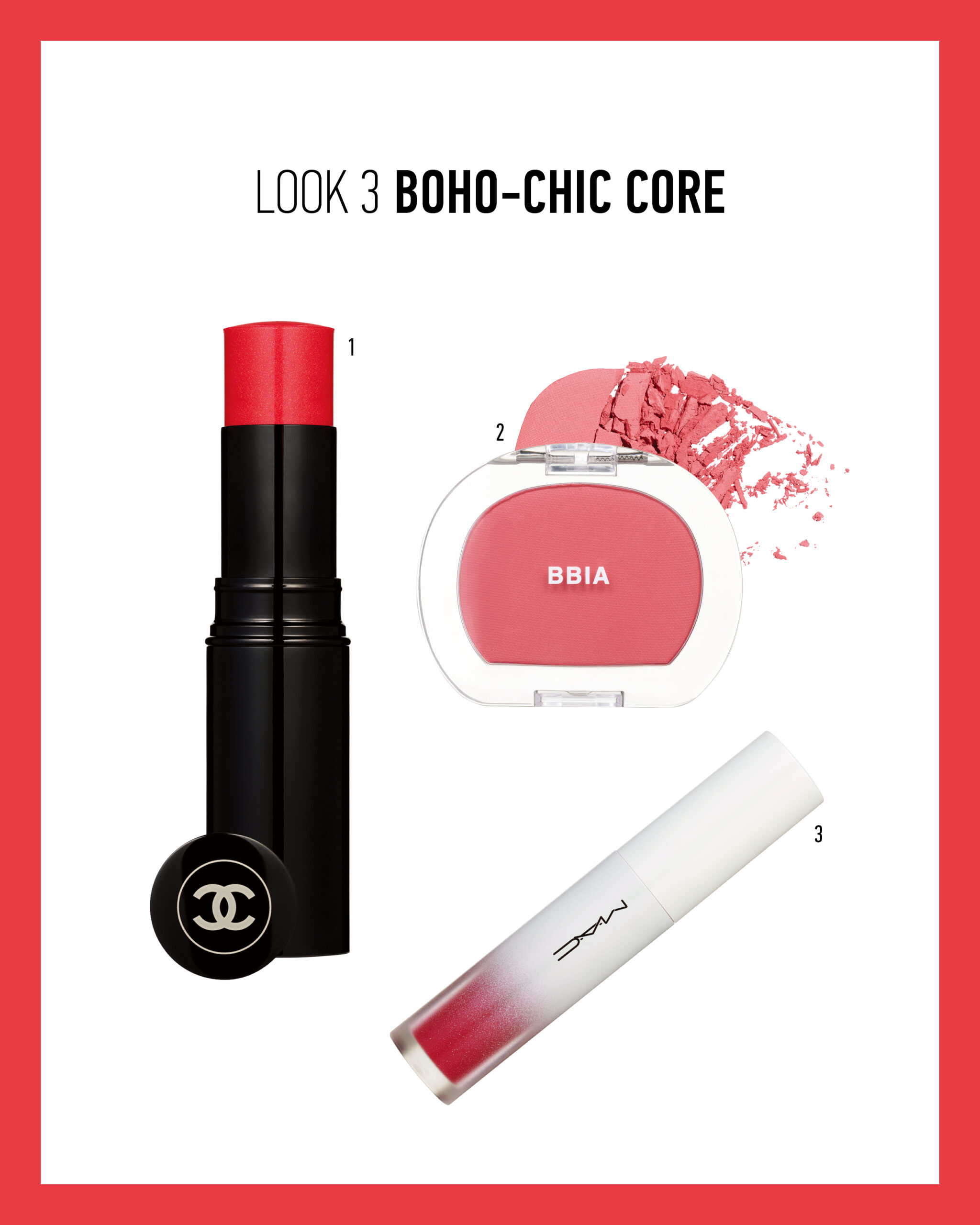 샤넬 레 베쥬 스틱 블러셔 #리프레쉬, 맥 스트롭 리퀴드 블러쉬 #굿 바이브즈, 삐아 라스트 블러쉬 #02 카멜리아