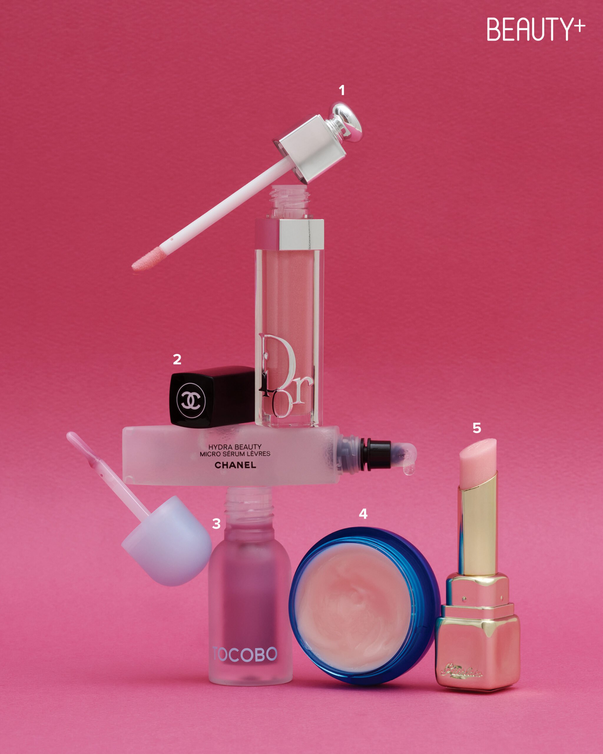 디올 어딕트 립 맥시마이저 #212 튀튀 체리, 샤넬 이드라 뷰티 마이크로 립 세럼, 토코보 쥬시 베리 플럼핑 립 오일, 닥터자르트 바이탈 하이드라 솔루션™ 하이드레이팅 립 마스크, 겔랑 키스키스 비 글로우 펄리