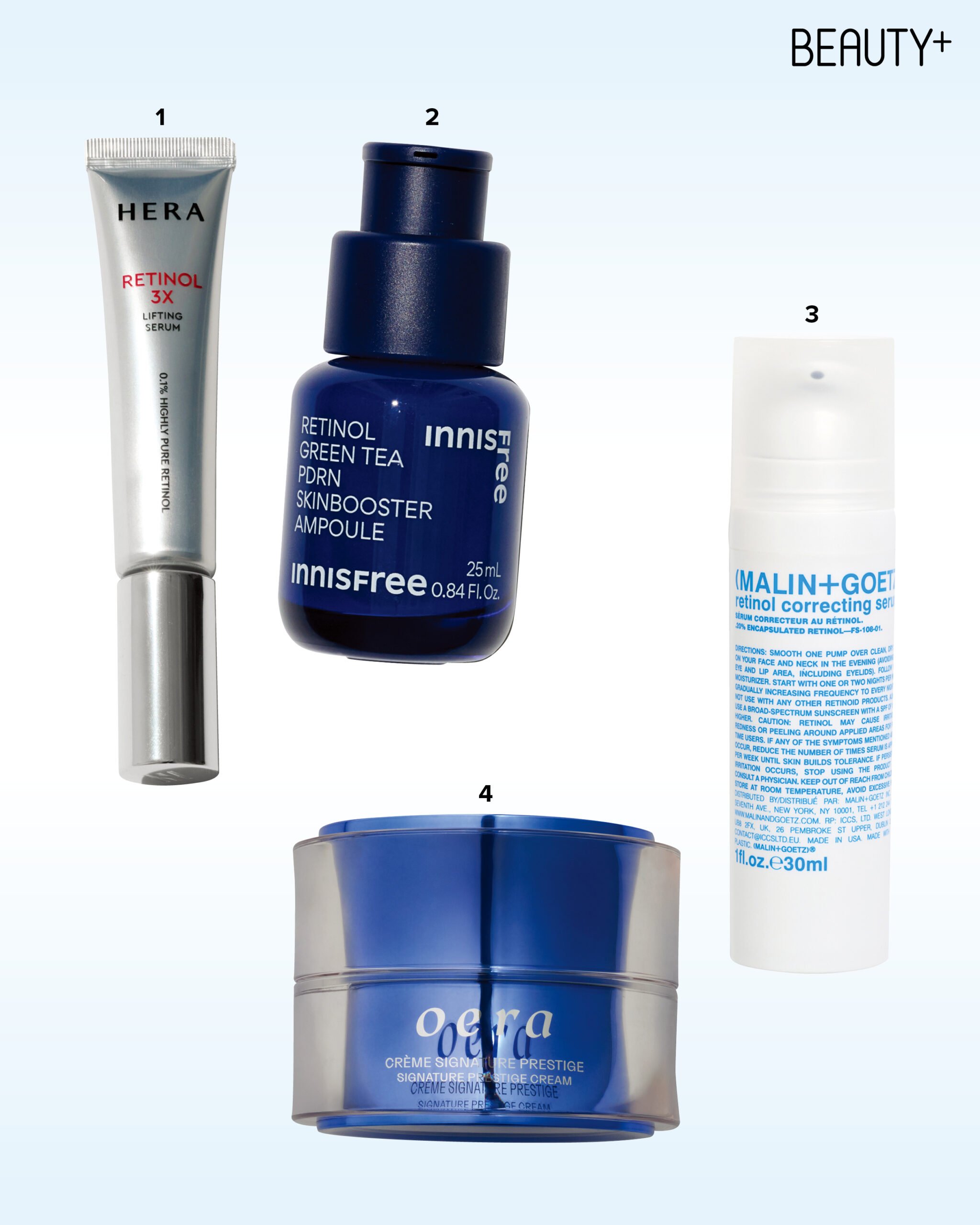 헤라 레티놀 3X 리프팅 세럼, 이니스프리 레티놀 그린티 PDRN 스킨부스터 앰플,  멜린앤게츠 레티놀 코렉팅 세럼, 오에라 시그니처 프레스티지 크림