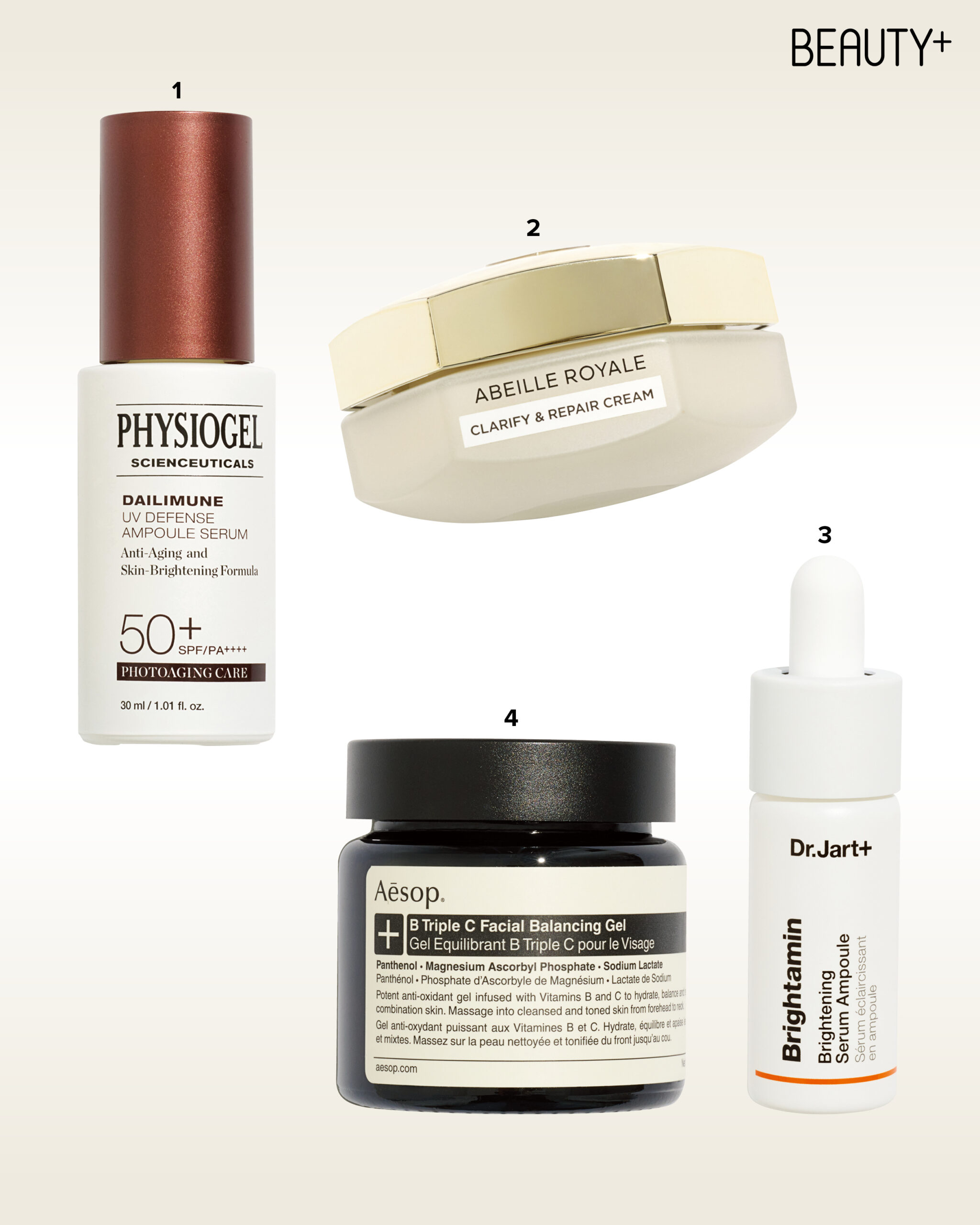 피지오겔 사이언수티컬즈 데일리뮨 UV 디펜스 앰플 세럼, 겔랑 아베이 로얄 클라리파이 & 리페어 크림, 이솝 비트리플 씨 밸런싱, 닥터자르트 브라이타민 브라이트닝 세럼 앰플