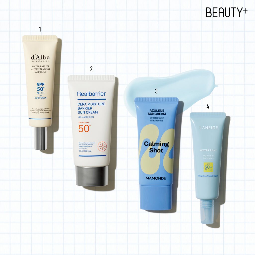 달바 워터 베리어 안티 선 에이징 앰플 SPF50+/PA++++, 리얼베리어 세라 수분장벽 선크림 SPF50+/PA++++ , 마몽드 카밍 샷 아줄렌 선크림 SPF50+/PA++++ , 라네즈 워터뱅크  UV 베리어 선크림 SPF50+/PA++++ 
