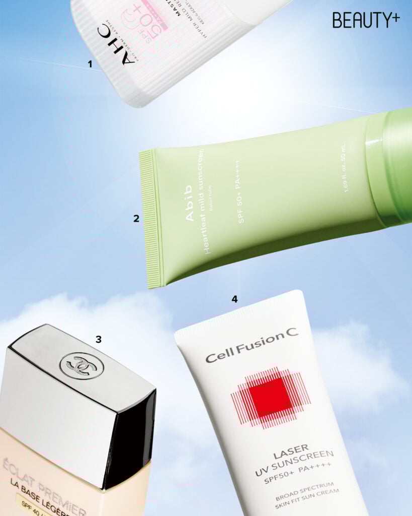  AHC 마스터즈 하이퍼 마일드 리페어 선스틱SPF50+/PA++++, 아비브 어성초 마일드 선크림 릴리프 튜브SPF50+/ PA++++, 샤넬 에끌라 프리미에 라 바즈 메이크업 베이스 라이트SPF40+/PA+++, 셀퓨전씨 레이저 UV 썬 스크린SPF50+/PA++++