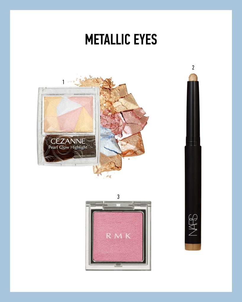 세잔느 펄 글로우 하이라이트 스페셜 에디션 #SP1 오로라 프리즘, 나스 토탈 시덕션 아이섀도우 스틱 쉬머 #리빙 신,  RMK 인피니셰이드 싱글 아이섀도우 #13 사쿠라 느와르