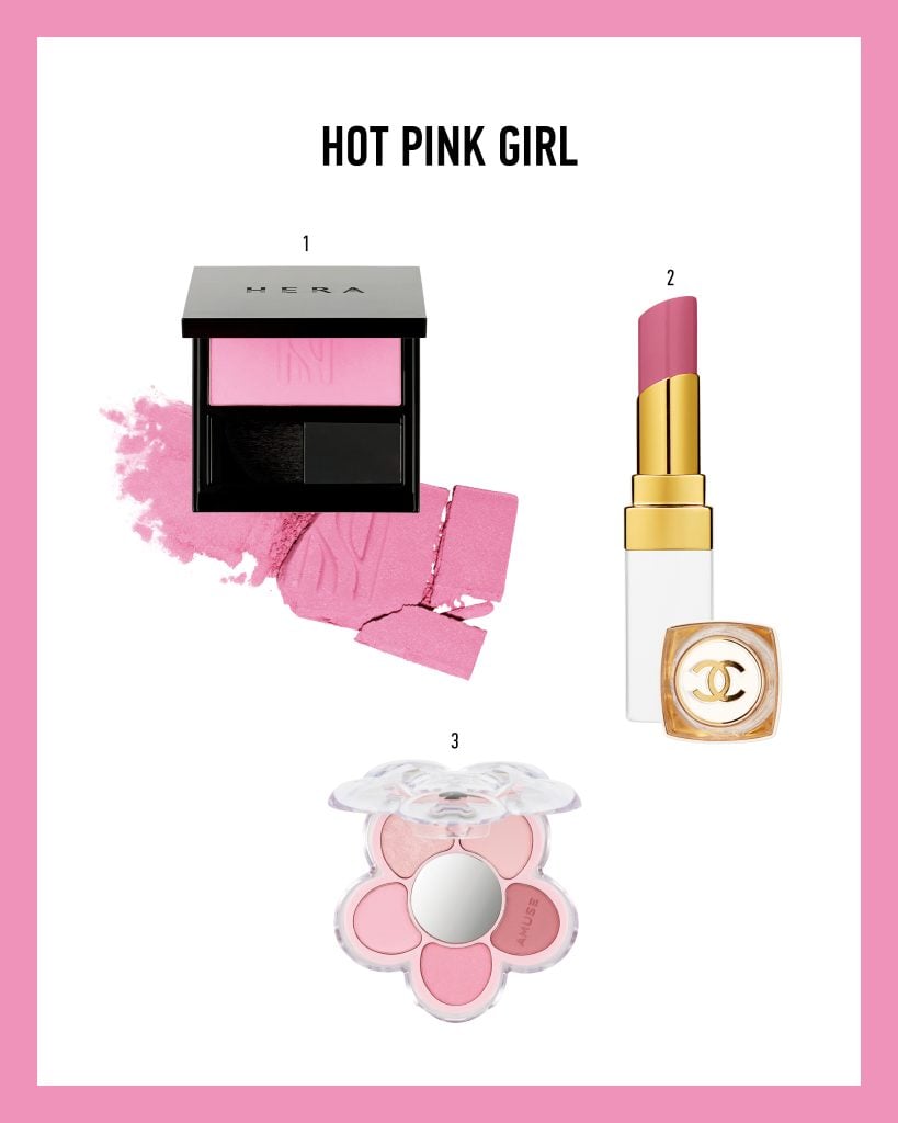 헤라 블러쉬 #77 아이시 핑크 , 샤넬 루쥬 코코 밤 샤인 #758 블러싱 핑크,  어뮤즈 꽃 아이 팔레트 #02 로즈리나