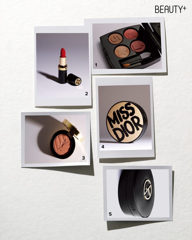 샤넬 레 꺄트르 옹브르 버튼 마드모아젤, 라 보떼 루이비통 LV 루즈-매트 립스틱 302 킵 루킹, 입생로랑 뷰티 메이크 미 블러쉬 파우더 블러쉬 68 페퍼리 로즈, 미스 디올 리미티드 에디션 와일드 베이지, 아르마니 뷰티 루미너스 실크 프리마 글로우