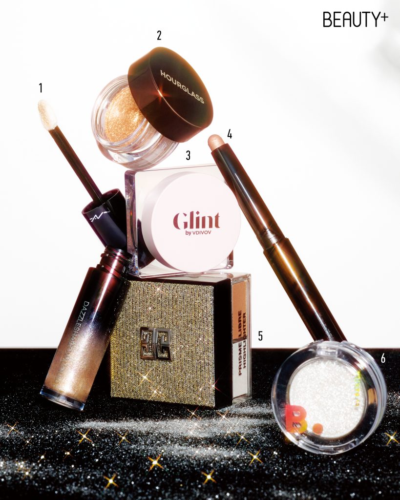 맥 대즐섀도우 리퀴드 #에브리띵 이즈 선샤인 , 아워글래스 스캐터드 라이트 글리터 아이섀도우 #포일, 글린트 글리터 젤 05 무드 파탈, 로라 메르시에 캐비어 스틱 아이섀도우 쉬머 #로즈 골드 ,  지방시 뷰티 프리즘 리브르 하이라이터 N17 , 바닐라코 하이퍼 홀로빔 아이 글리터 WH01 팅글 