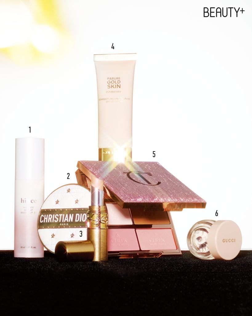 힌스 25 홀리데이 래디언스 메이크업 부스팅 프렙, 디올 포에버 하이드라 글로우 메쉬 쿠션, 입생로랑 뷰티 러브샤인 캔디 글레이즈 홀리데이 컬렉션 21호, 겔랑 빠뤼르 골드 스킨 더블 베일 프라이머, 샬롯틸버리 할리우드 인스턴트 룩 인 어 팔레트 - 프리티, 글로잉 뷰티, 구찌 뷰티 에끌라 드 보떼 에페 뤼미에르 멀티 유즈 젤 글로스