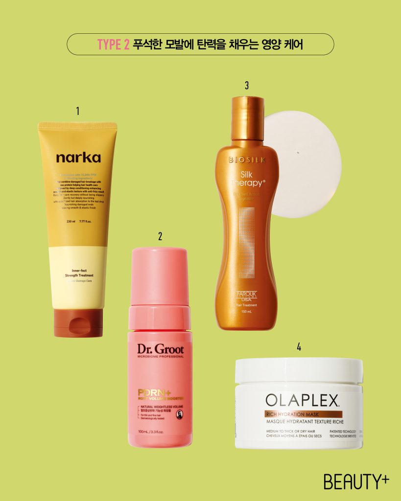 푸석한 모발에 탄력을 채우는 영양 케어, 나르카 이너펙트 스트렝스 트리트먼트 ,  닥터그루트 마이크로바이옴 PDRN 볼륨 부스터 버블 세럼 , 실크테라피 인리치드 액션 수프림 , 올라플렉스 리치 하이드레이션 마스크 