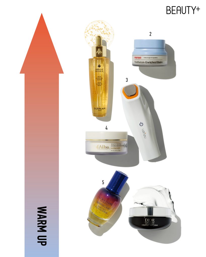 피부 온도 온케어 추천 제품, 겔랑 아베이 로얄 유쓰 워터리 오일 세럼, 마녀공장 판테토인 인리치드 밤, 나브 핫앤쿨스킨핏 , 달바 비건 더블 크림, 록시땅 이모르뗄 오버나이트 리셋 오일 인 세럼, 디올 캡춰 크렘므 뉘