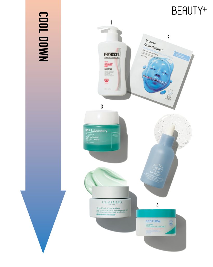 피부 온도 냉케어 추천 제품, 피지오겔 레드 수딩 AI 수분 카밍 젤 , 닥터자르트 크라이오 러버™ 모이스처 마스크 , CNP 아쿠아 수딩 프레쉬 젤크림 , 쏘내추럴 아이스플랜트 퍼밍 앰플, 클라랑스 크라이오 플래시 크림 , 에스트라 에이시카365 쿨링팩 패드 pH4.5 
