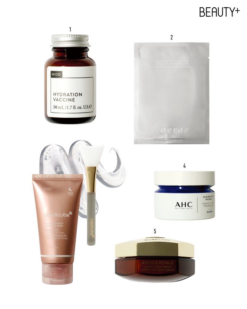 오에라 캘리브레이터 인퓨즈드 트리트먼트 마스크 , 니오드 하이드레이션 백신(HV), 메디큐브 콜라겐 나이트 랩핑 마스크 , AHC 프로샷 히알루로 딥볼륨5 오버데이 나이트 트리트먼트 젤 , 겔랑 아베이 로얄 허니 트리트먼트 나이트 크림 