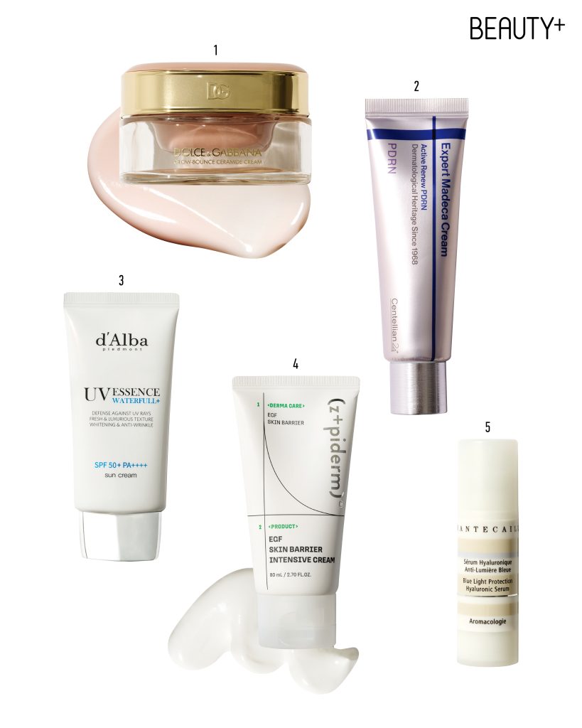 돌체앤가바나 글로우 바운스 세라마이드 크림 , 동국제약 센텔리안24 엑스퍼트 마데카크림 액티브 리뉴 PDRN , 달바 비건 워터풀 에센스 선크림 , 지피덤 이지에프 스킨 베리어 인텐시브 크림 , 샹테카이 블루 라이트 프로텍션 이알루로닉 세럼 