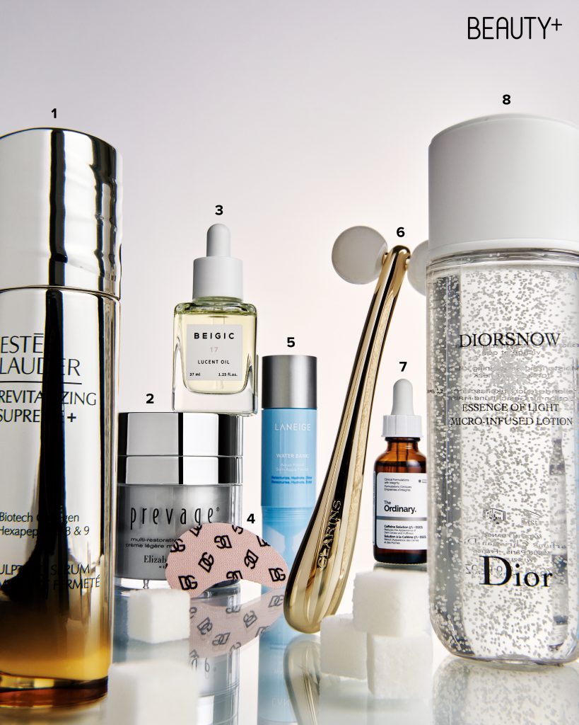 에스티 로더 리바이탈라이징 수프림+ 스컬프팅 세럼 , 엘리자베스아덴 프리베이지 멀티-리스토러티브 소프트 크림 , 베이지크 루센트 오일, 돌체앤가바나 뷰티 노 퍼프 카페인 아이 패치, 라네즈 워터뱅크 아쿠아 페이셜 세럼 , 클라랑스 프레셔스 르 롤-온 , 디오디너리 카페인 솔루션 5% + EGCG , 디올 스노우 에센스 오브 라이트 마이크로-인퓨즈드 로션