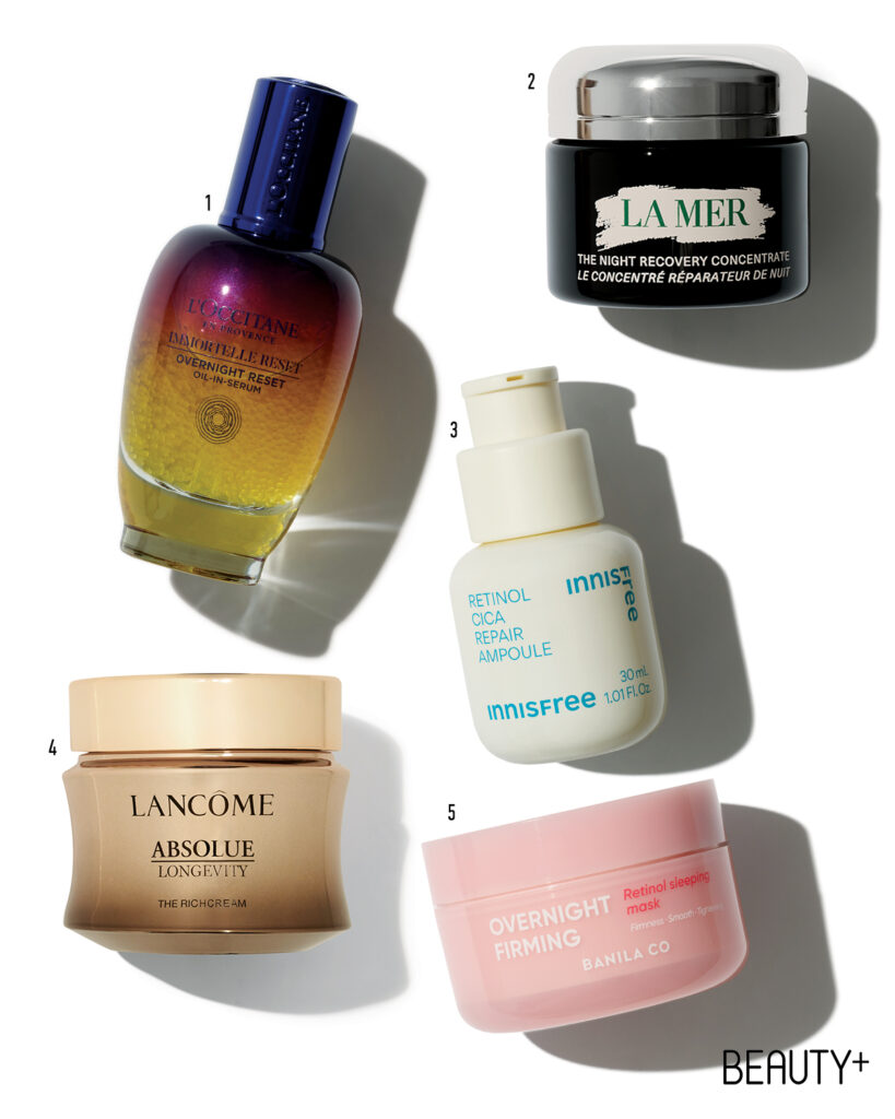 록시땅 이모르뗄 오버나이트 리셋 오일 인 세럼 , 라 메르 나이트 리커버리 컨센트레이트 밤 , 이니스프리 레티놀 시카 흔적 앰플 ,  랑콤 압솔뤼 롱지비티 더 리치 크림 , 바닐라코 오버나이트 퍼밍 레티놀 슬리핑 마스크 
