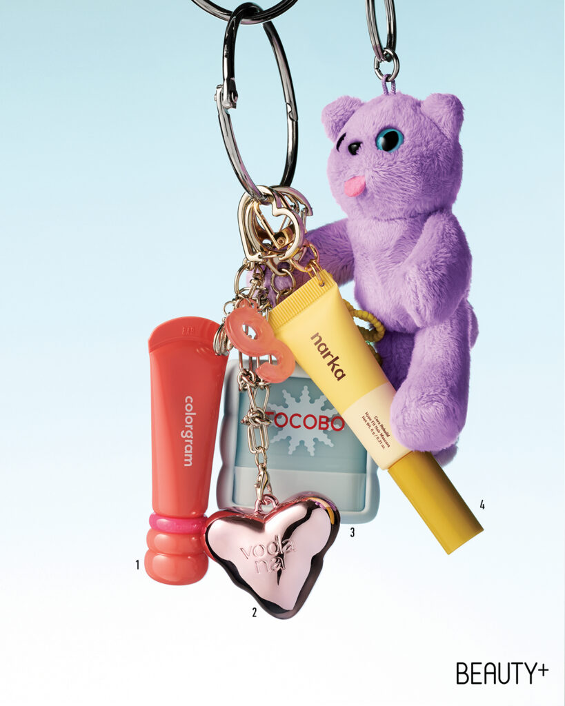 컬러그램 탕후루 립 세럼 #03 생꿀자몽 , 보다나 버터 하트밤 #피치밤 , 토코보 미니 코튼 소프트 선스틱 키링 SPF50+/PA++++ , 나르카 키링 하입 핏 헤어 마스카라 #선셋허니 향