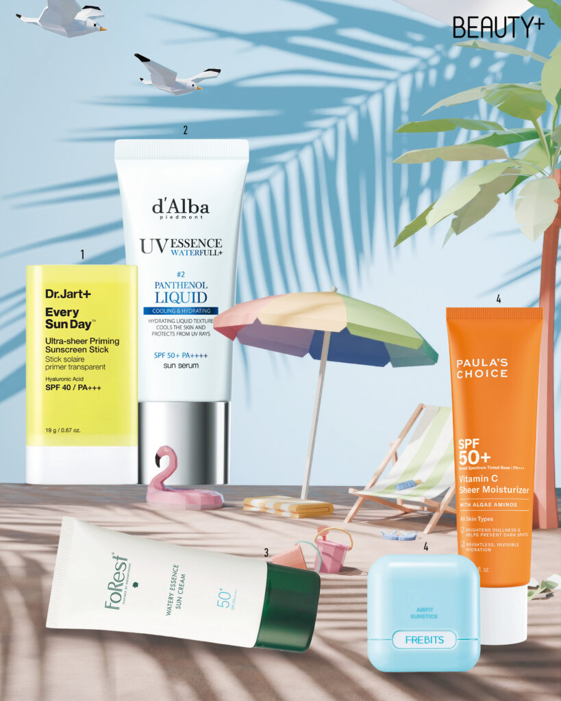 닥터자르트 에브리 선데이 울트라 쉬어 프라이밍 선스크린 스틱 SPF40/PA+++ , 달바 워터풀 판테놀 리퀴드 에센스 선세럼 SPF50+/PA++++ , 그린핑거 포레스트 워터리 에센스 선크림 SPF50+/PA++++ , 폴라초이스 비타민C 쉬어 프로텍션 선크림 SPF50+/PA+++ & 프레비츠 에어핏 선스틱 SPF50+/PA++++